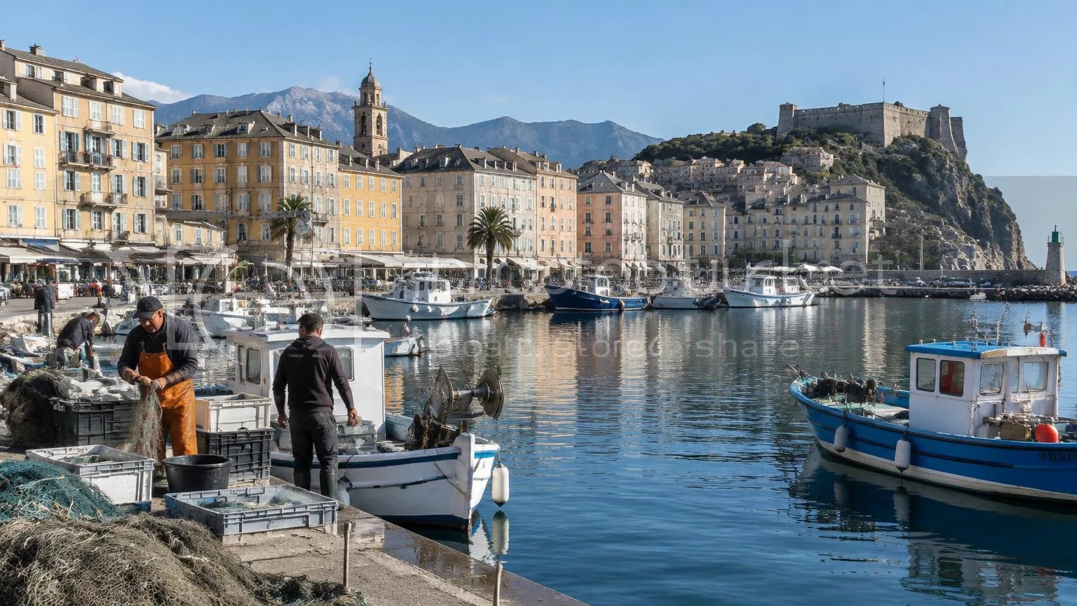 Un port insulaire, ses quais et les activités du front de mer